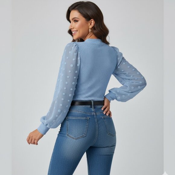 Swiss Dot Lantern Sleeve Mock Neck Top Light Blue - Picture 2 of 7